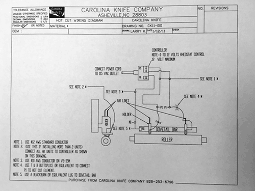 A diagram of wiring and assembly for pnuematic hot cut knives