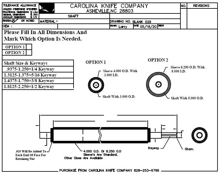 Technical specifications for score knife assembly.