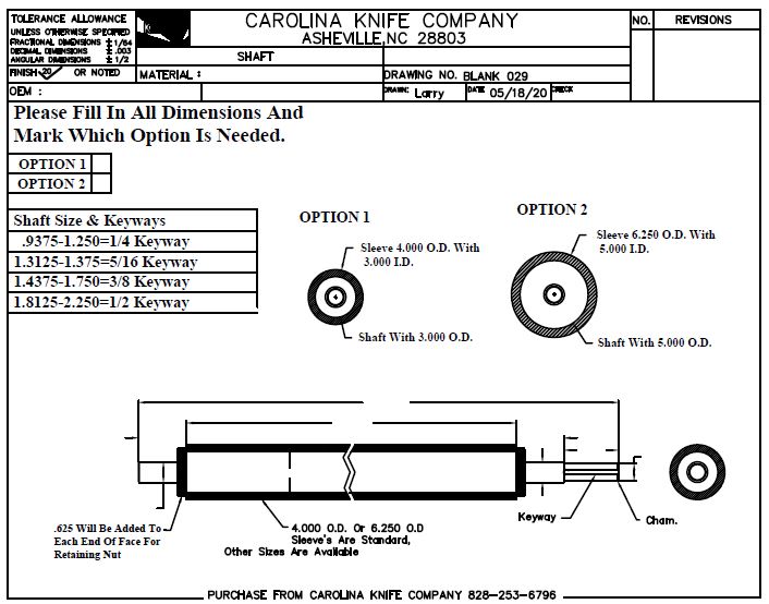 Technical specifications for score knife assembly.