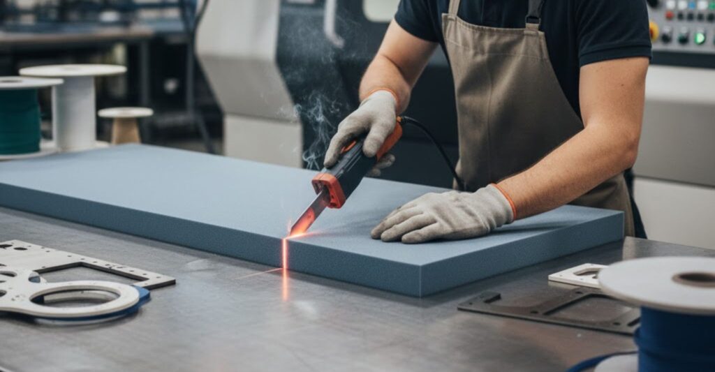 Professional industrial worker operating a hot knife assembly.