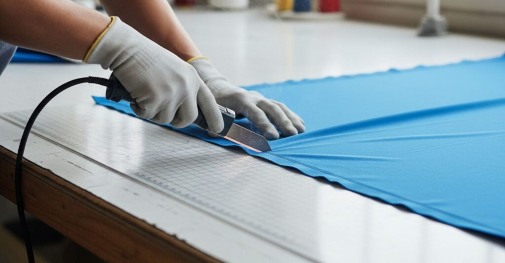 A skilled worker wearing safety glasses and gloves precisely cuts blue synthetic fabric with a hot knife on a large table in a bright workshop.