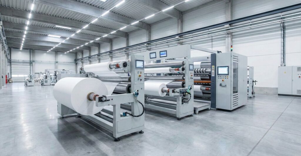 A wide-angle landscape photograph of a modern industrial slitting machine in a bright, clean facility.