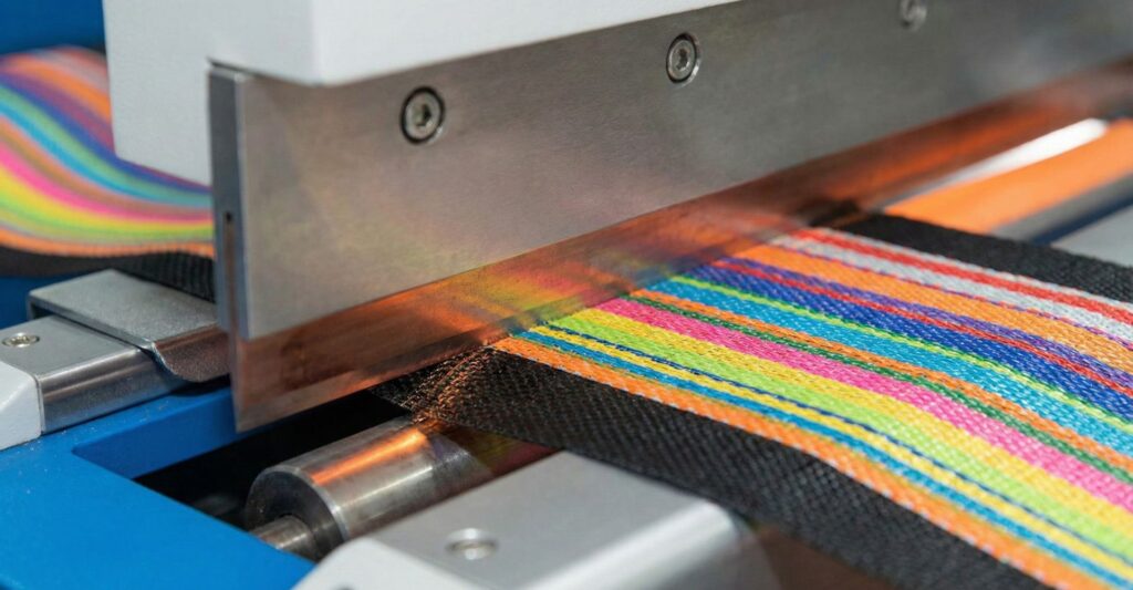 A close-up photograph of a heated industrial blade cleanly cutting through a colorful synthetic fabric web on a machine.