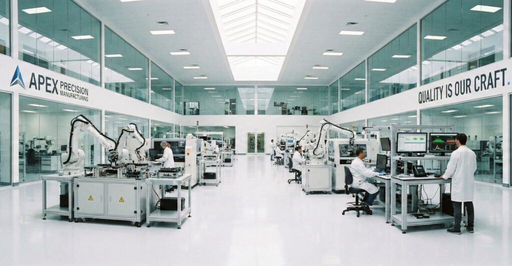 A professional wide shot of a modern manufacturing facility focusing on precision and quality.