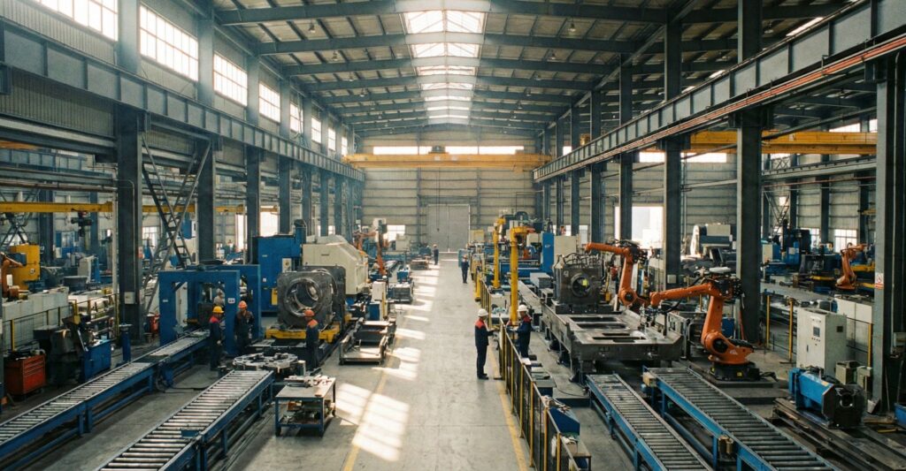 A professional wide shot of the interior of an industrial manufacturing facility.
